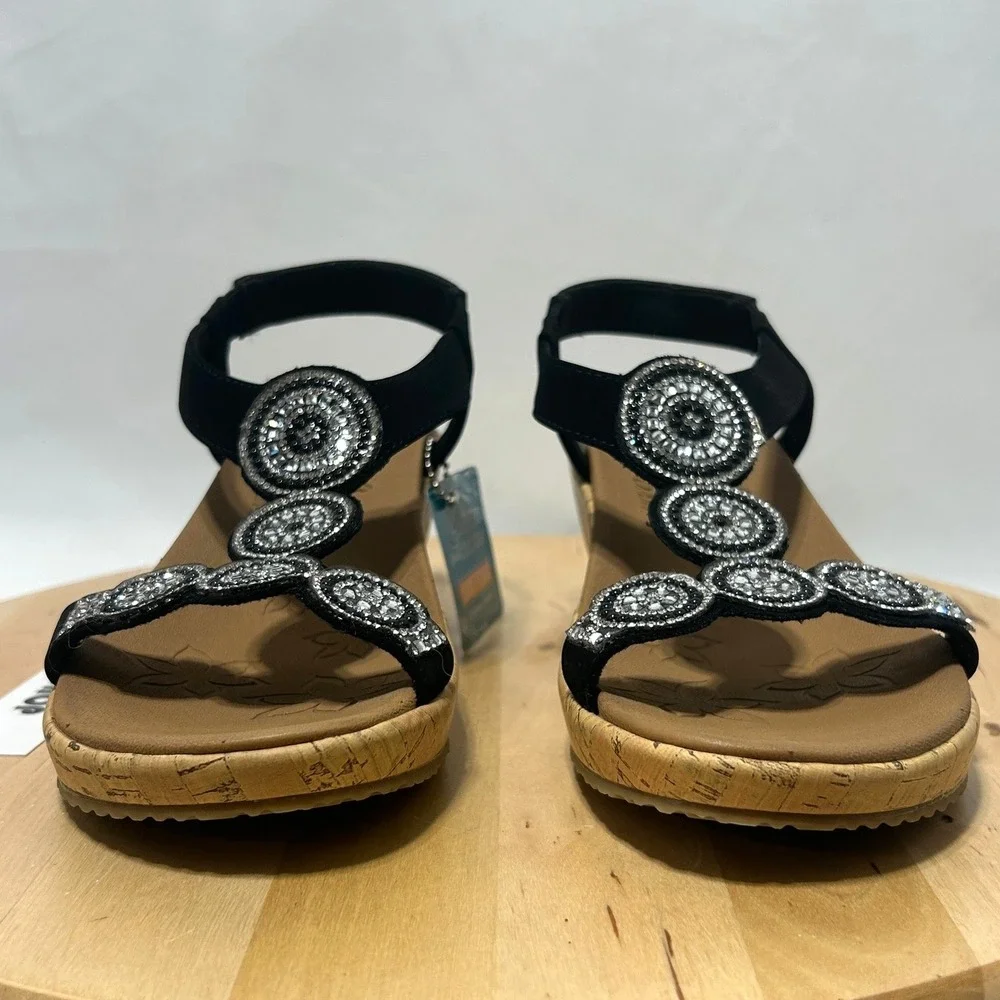 NWT Women's Skechers Beverlee Date Glam Wedge Black Sandal - Size 7